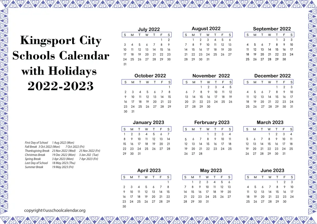 Kingsport City School Calendar with Holiday 2022-2023 2
