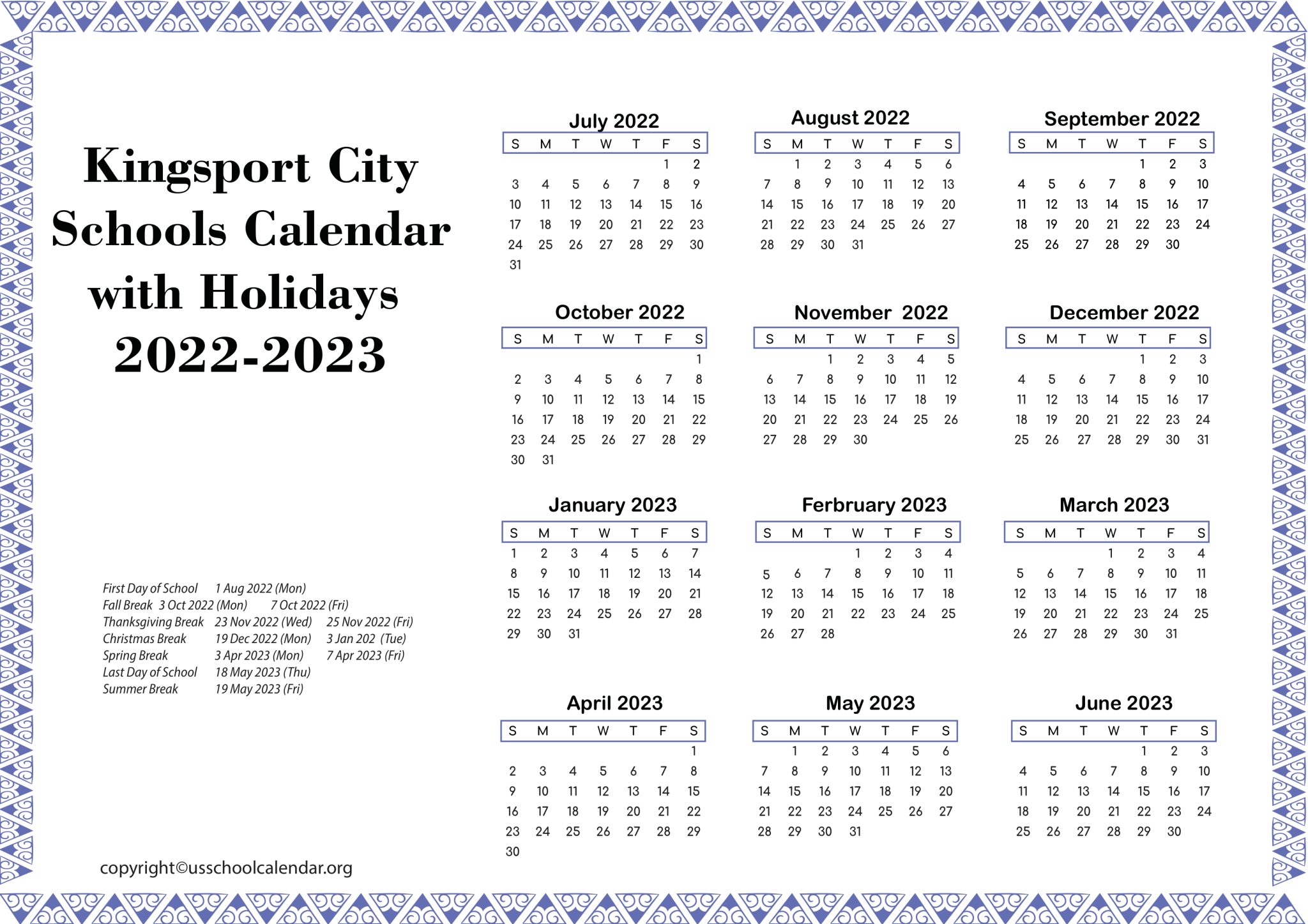 Kingsport City Schools Calendar with Holidays 20222023