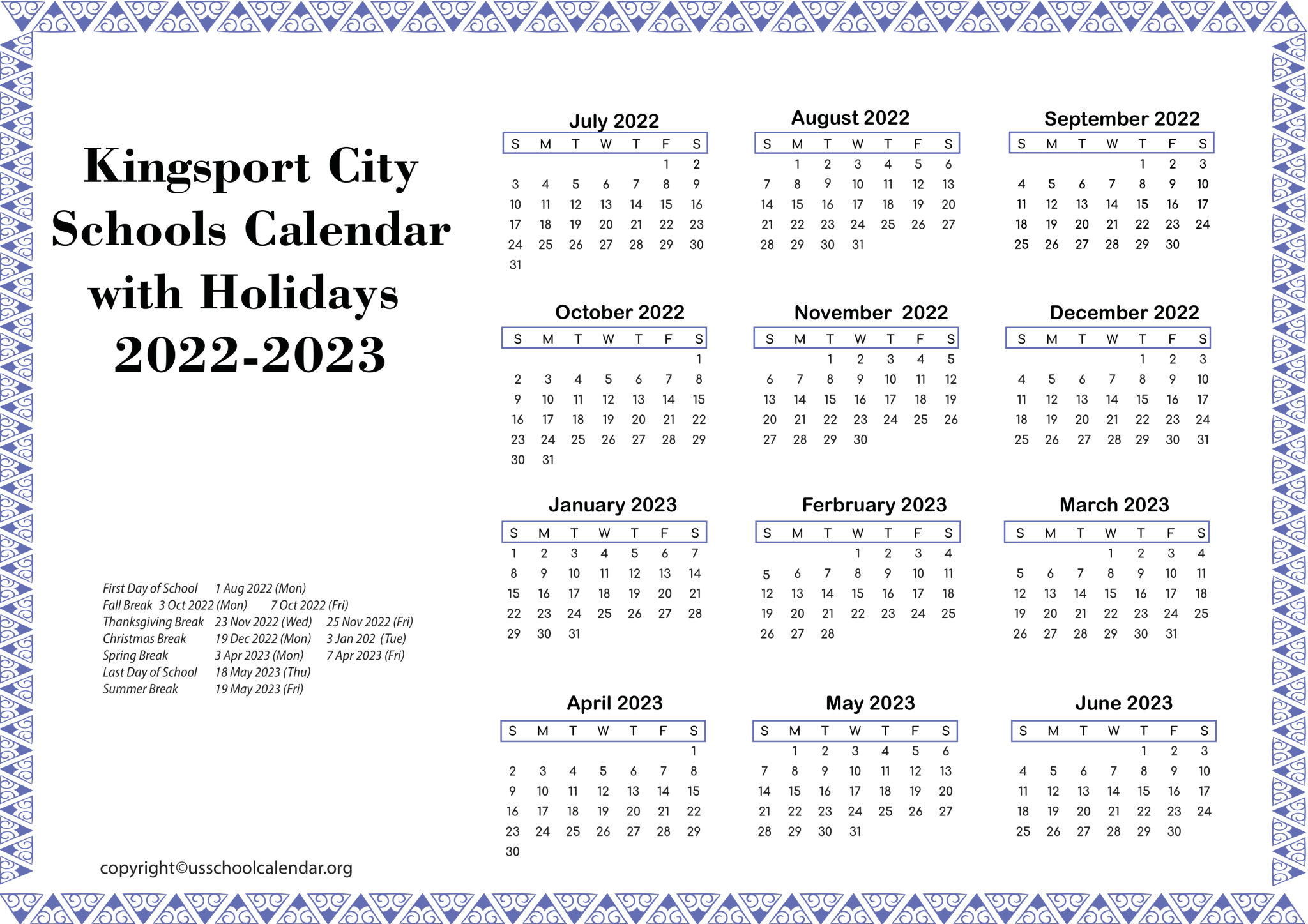 Kingsport City Schools Calendar With Holidays 2022 2023