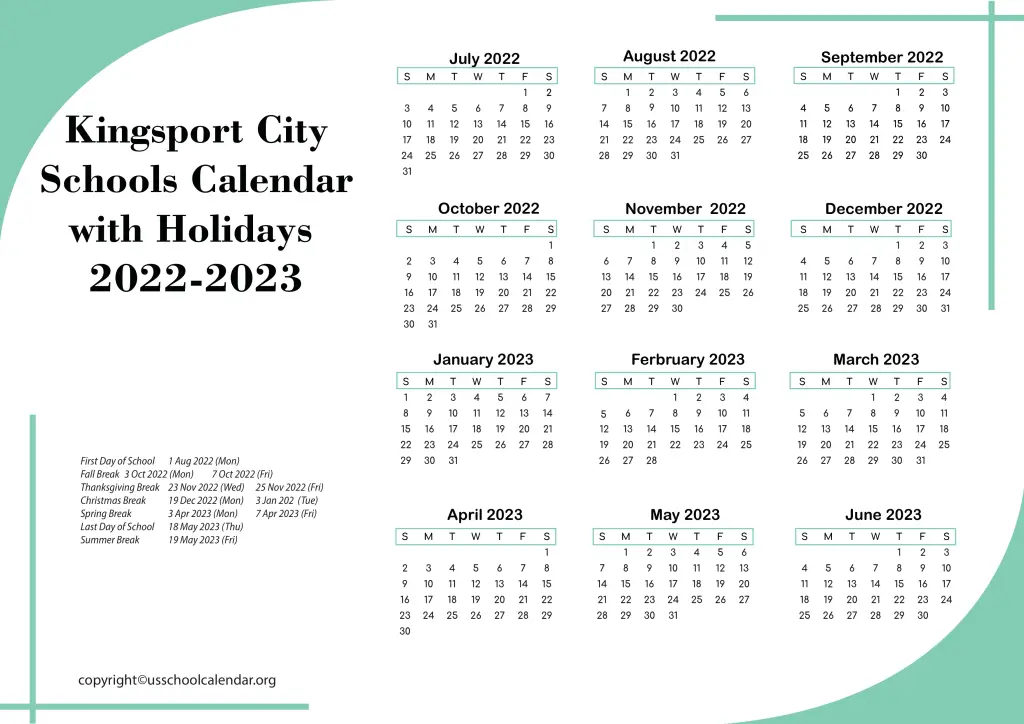 Kingsport City School Calendar with Holiday 2022-2023 3