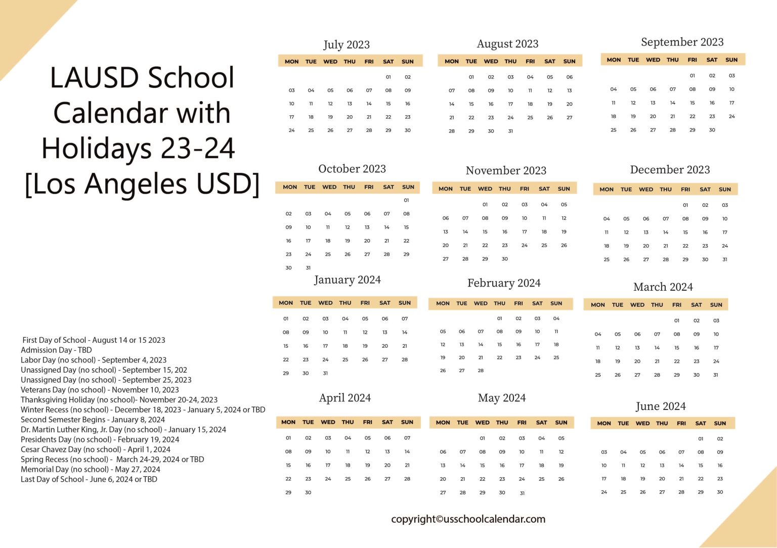 LAUSD School Calendar with Holidays 2324 [Los Angeles USD]