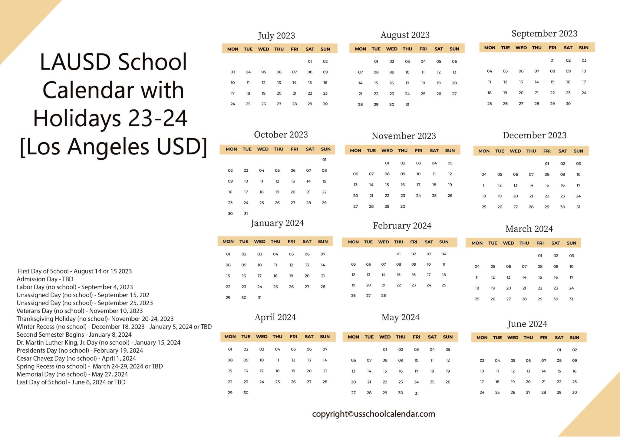 LAUSD School Calendar with Holidays 23 24 Los Angeles USD