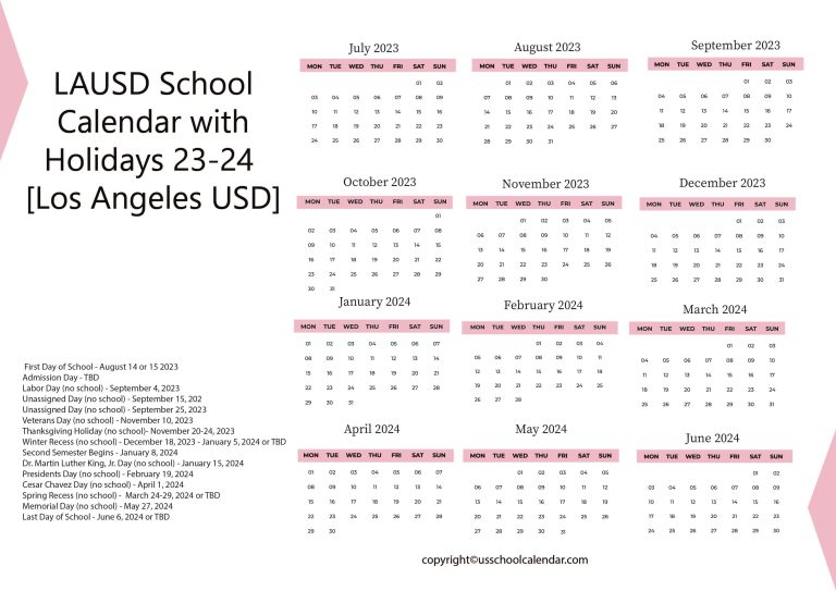 LAUSD School Calendar with Holidays 2324 [Los Angeles USD]