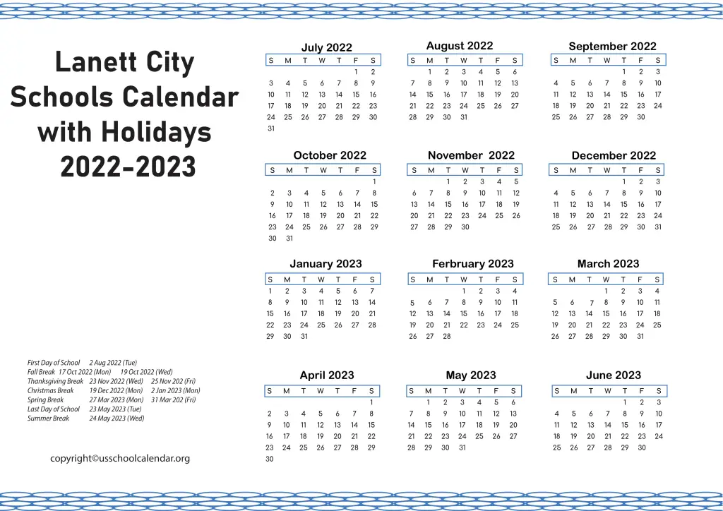 Lanett City Schools Calendar with Holidays 2022-2023