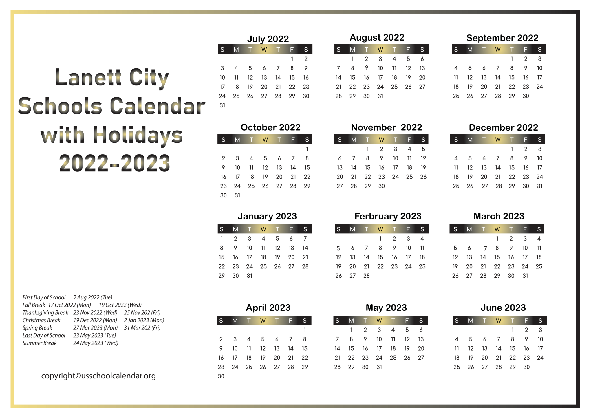 City Schools Calendar with Holidays 20222023