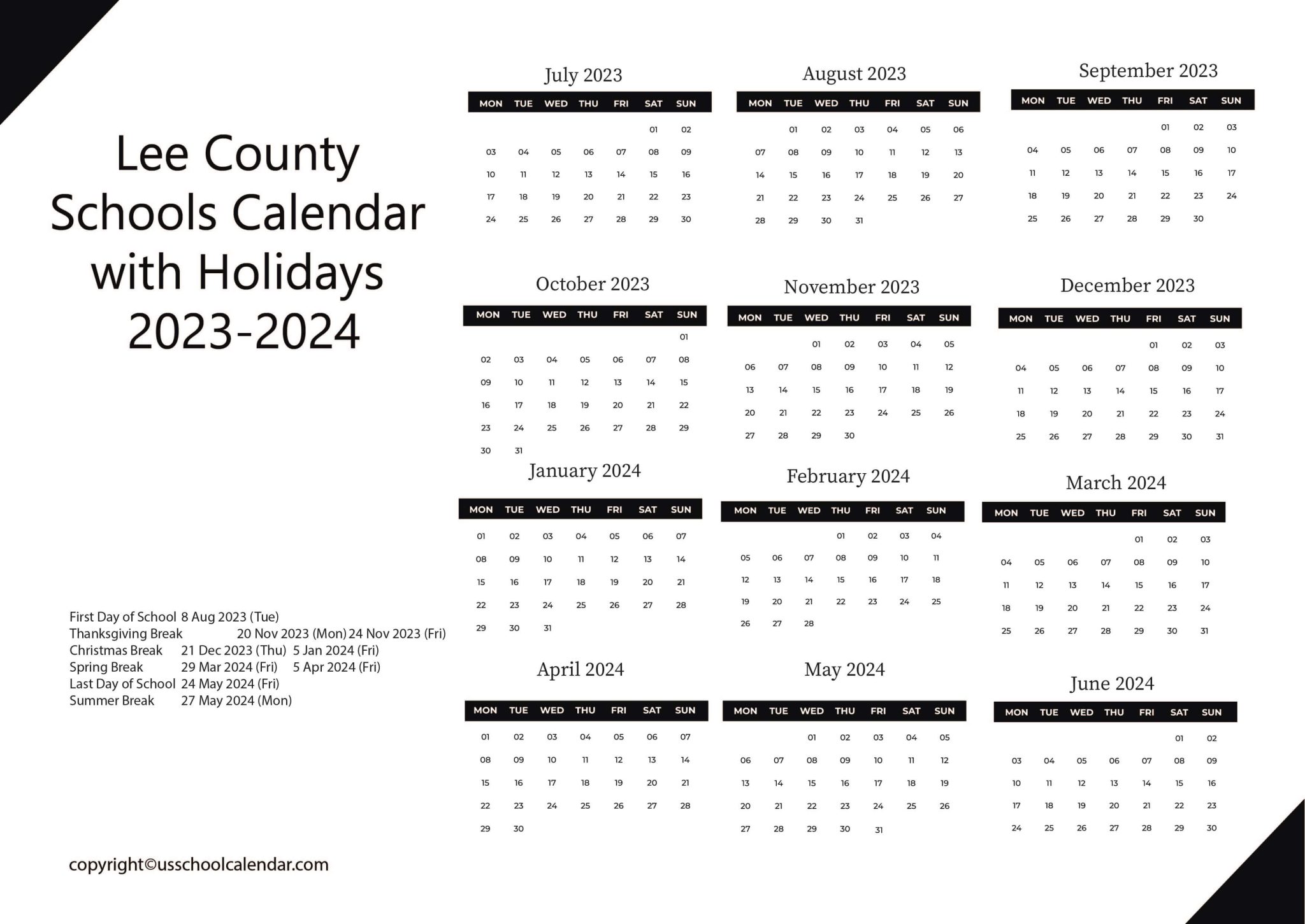Lee County Schools Calendar with Holidays 20232024