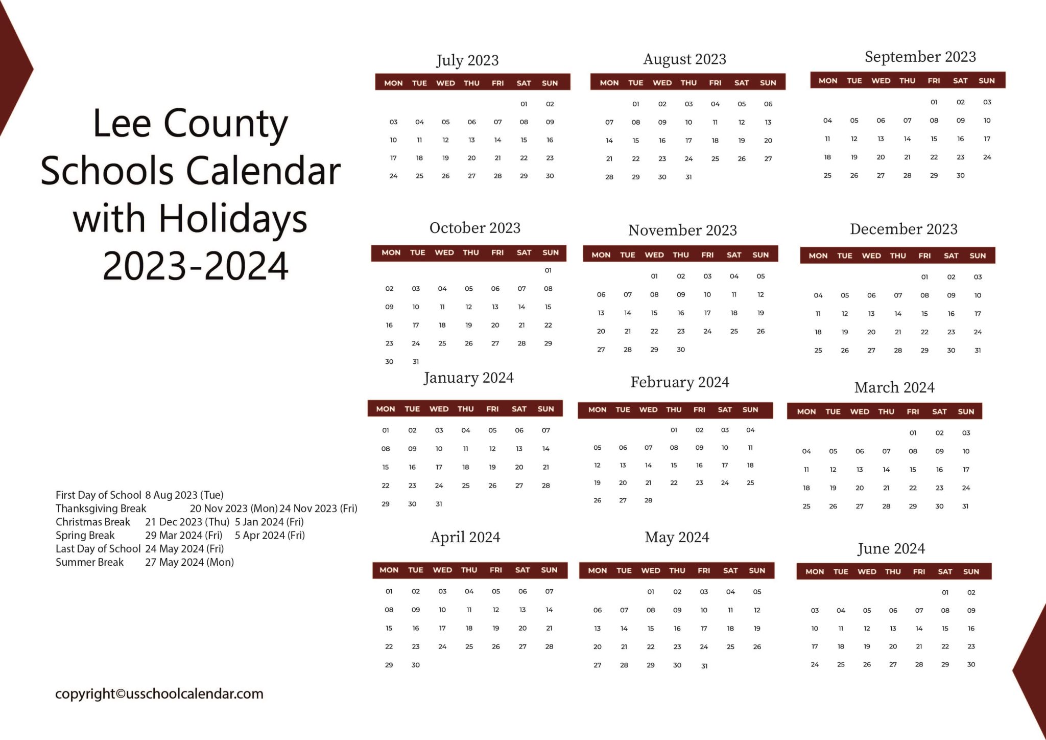 Lee County Schools Calendar with Holidays 20232024