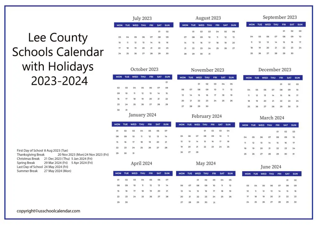 Lee County Schools Holiday Calendar