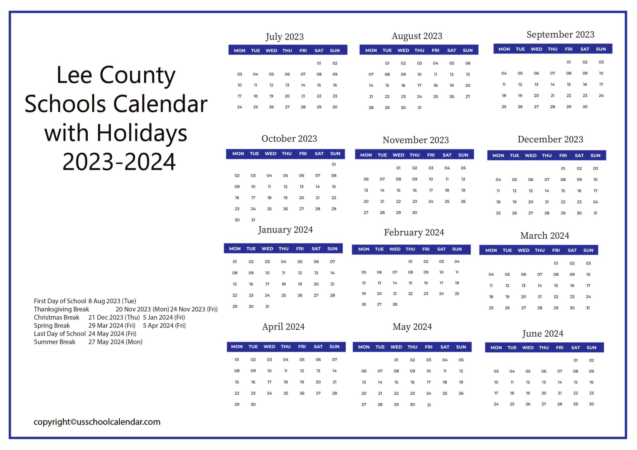 Lee County Schools Calendar with Holidays 20232024