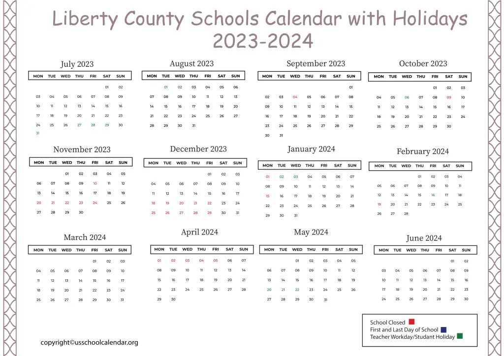 Liberty County Schools Calendar with Holidays 2023-2024