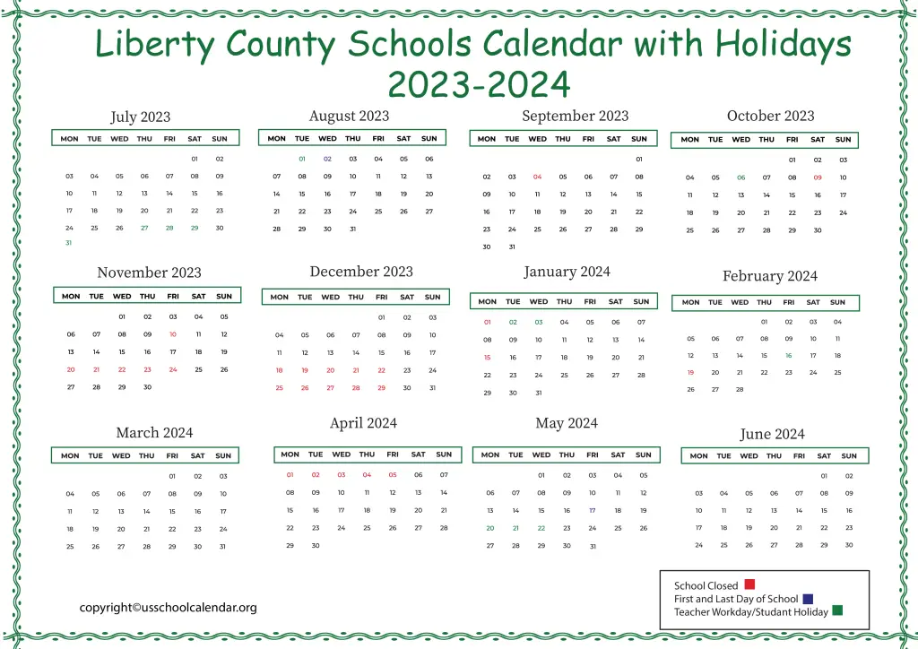 Liberty County Schools Calendar with Holidays 2023-2024 2
