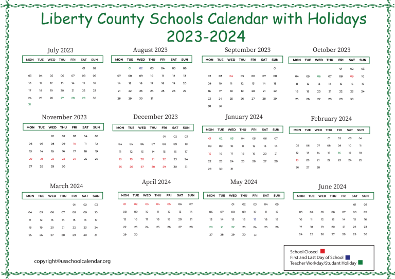 Liberty County Schools Calendar with Holidays 20232024