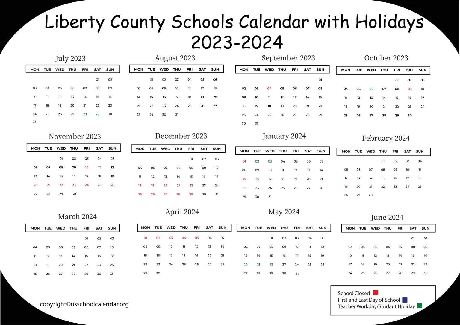 Liberty County Schools Calendar with Holidays 20232024