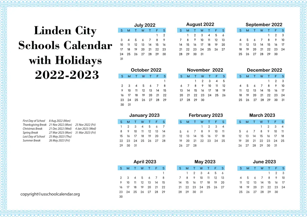 Linden City Schools Calendar with Holidays 2022-2023 2