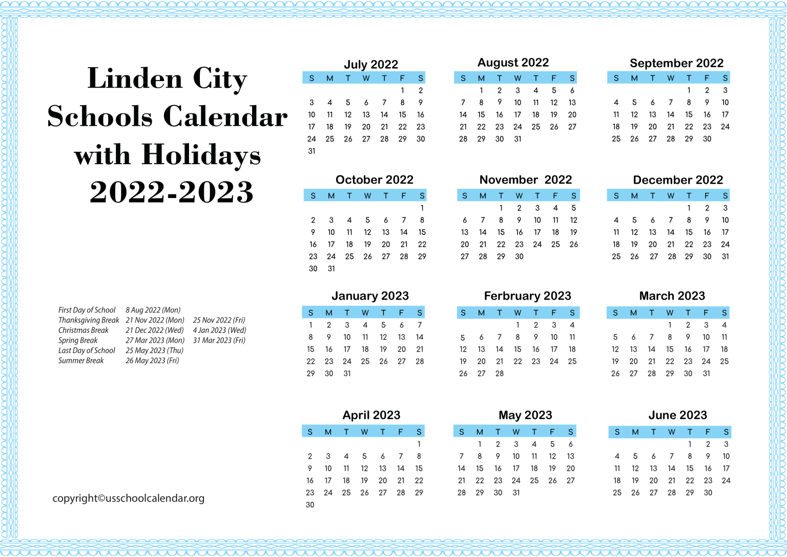 Linden City Schools Calendar with Holidays 20222023