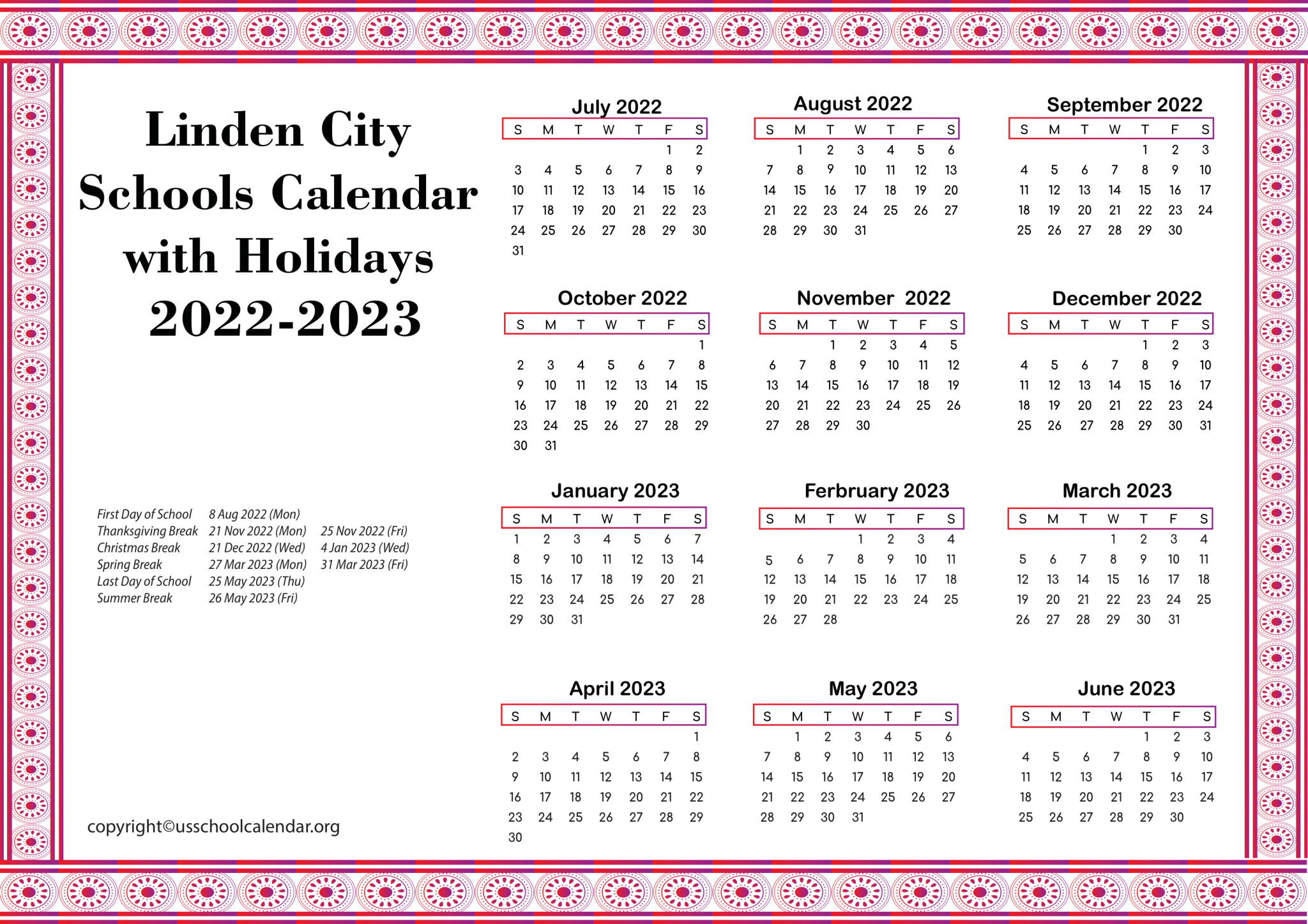 Linden City Schools Calendar with Holidays 20222023