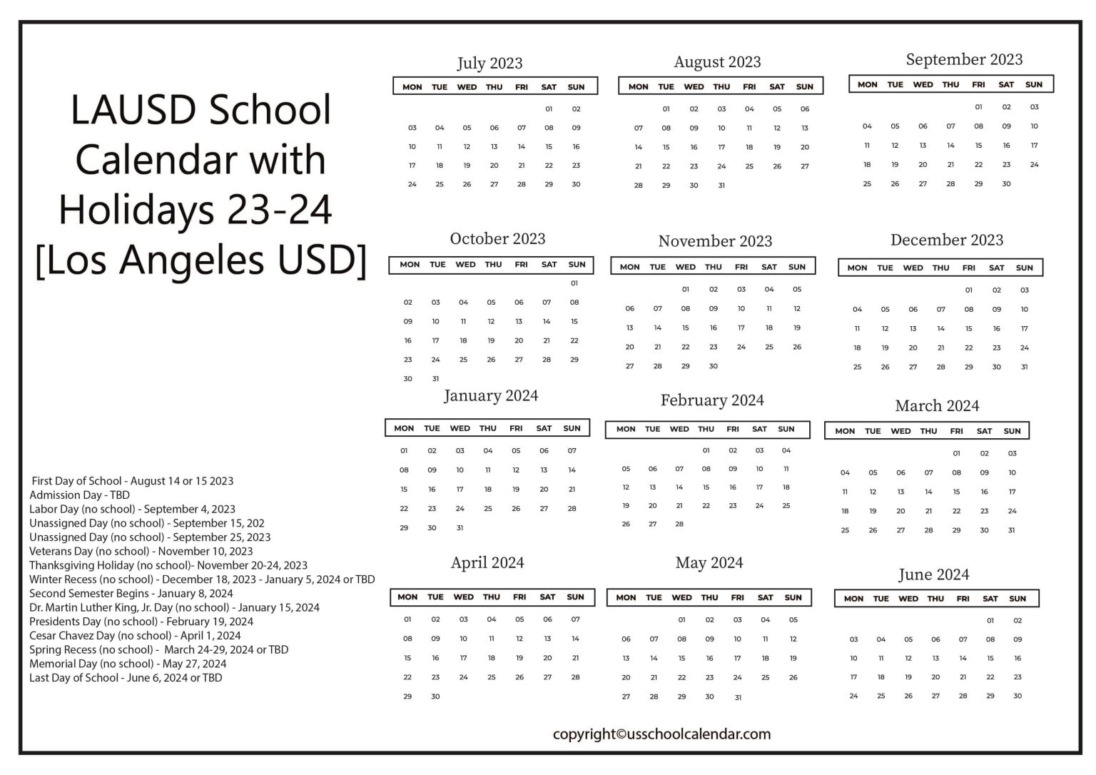 LAUSD School Calendar with Holidays 2324 [Los Angeles USD]