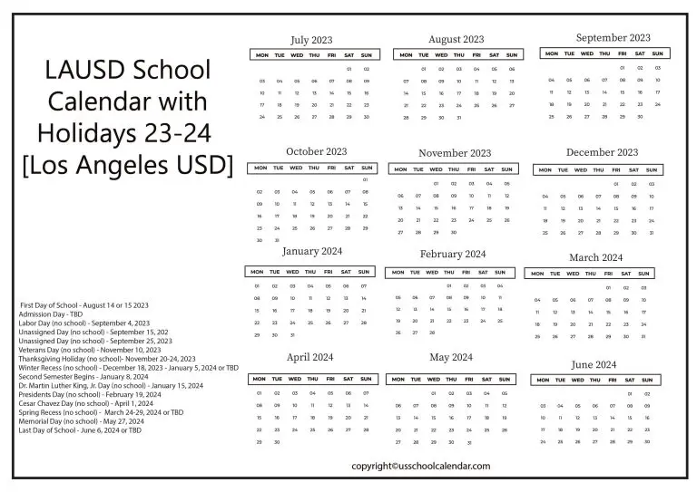 LAUSD School Calendar with Holidays 2324 [Los Angeles USD]