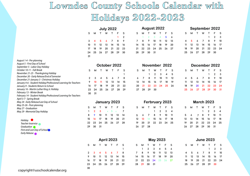 Lowndes County Schools Calendar with Holidays 2022-2023