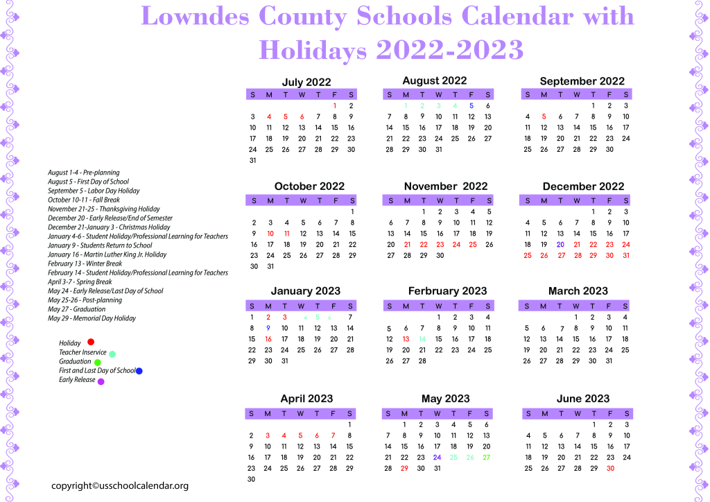 Lowndes County Schools Calendar with Holidays 2022-2023 2