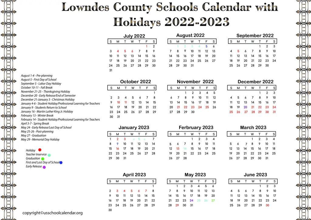 Lowndes County Schools Calendar with Holidays 2022-2023 3