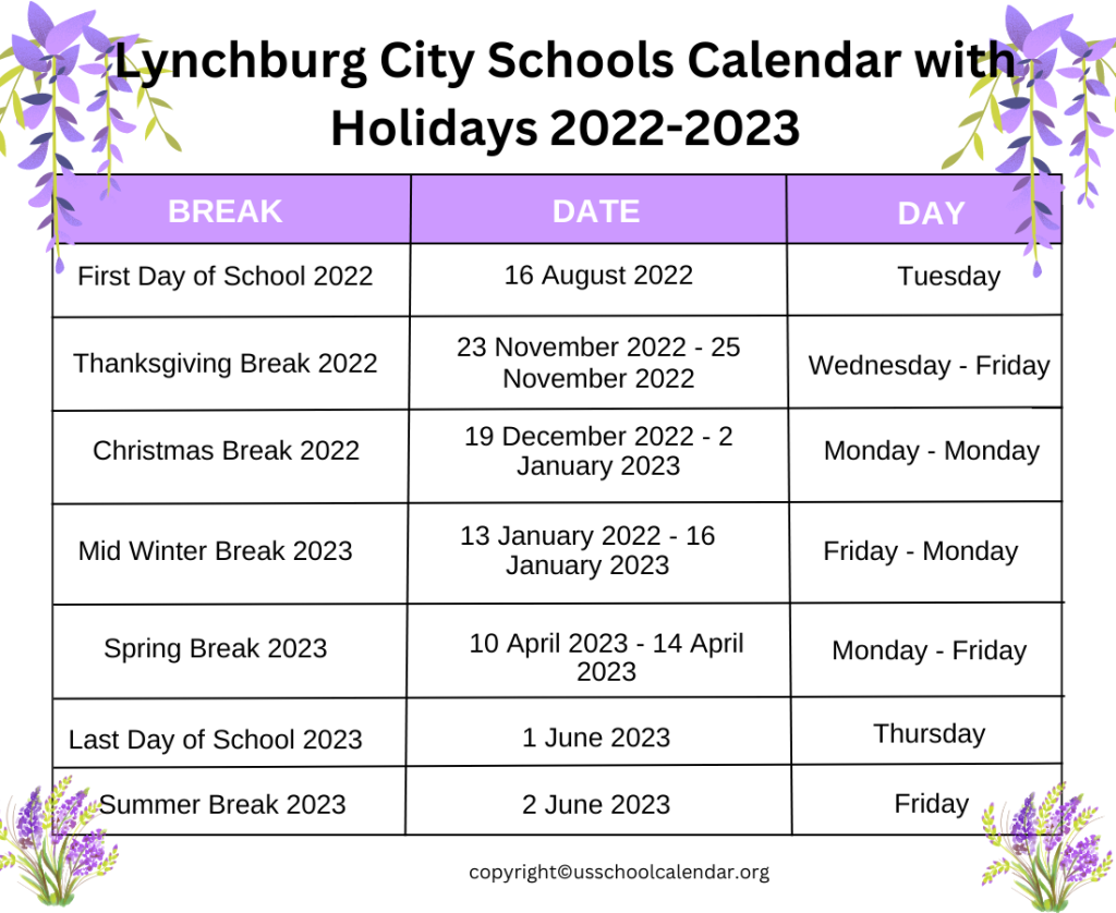 Lynchburg City Schools Calendar with Holidays 2022-2023