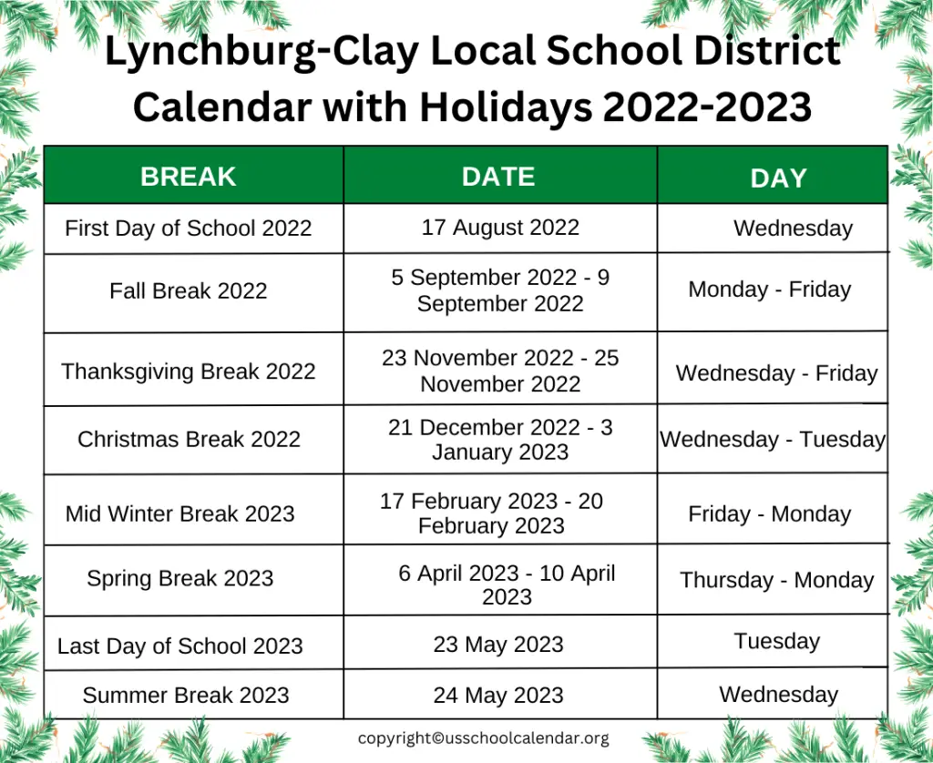 Lynchburg-Clay Local School District Calendar with Holidays 2022-2023
