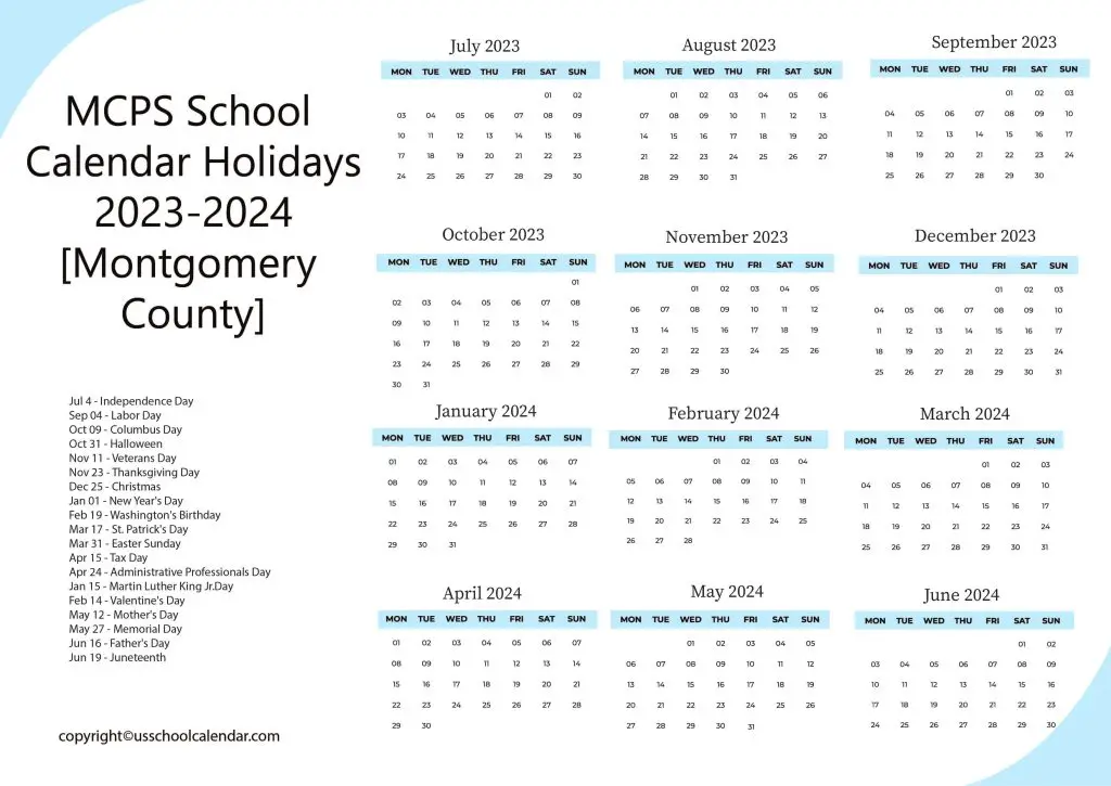 MCPS Montgomery County Calendar