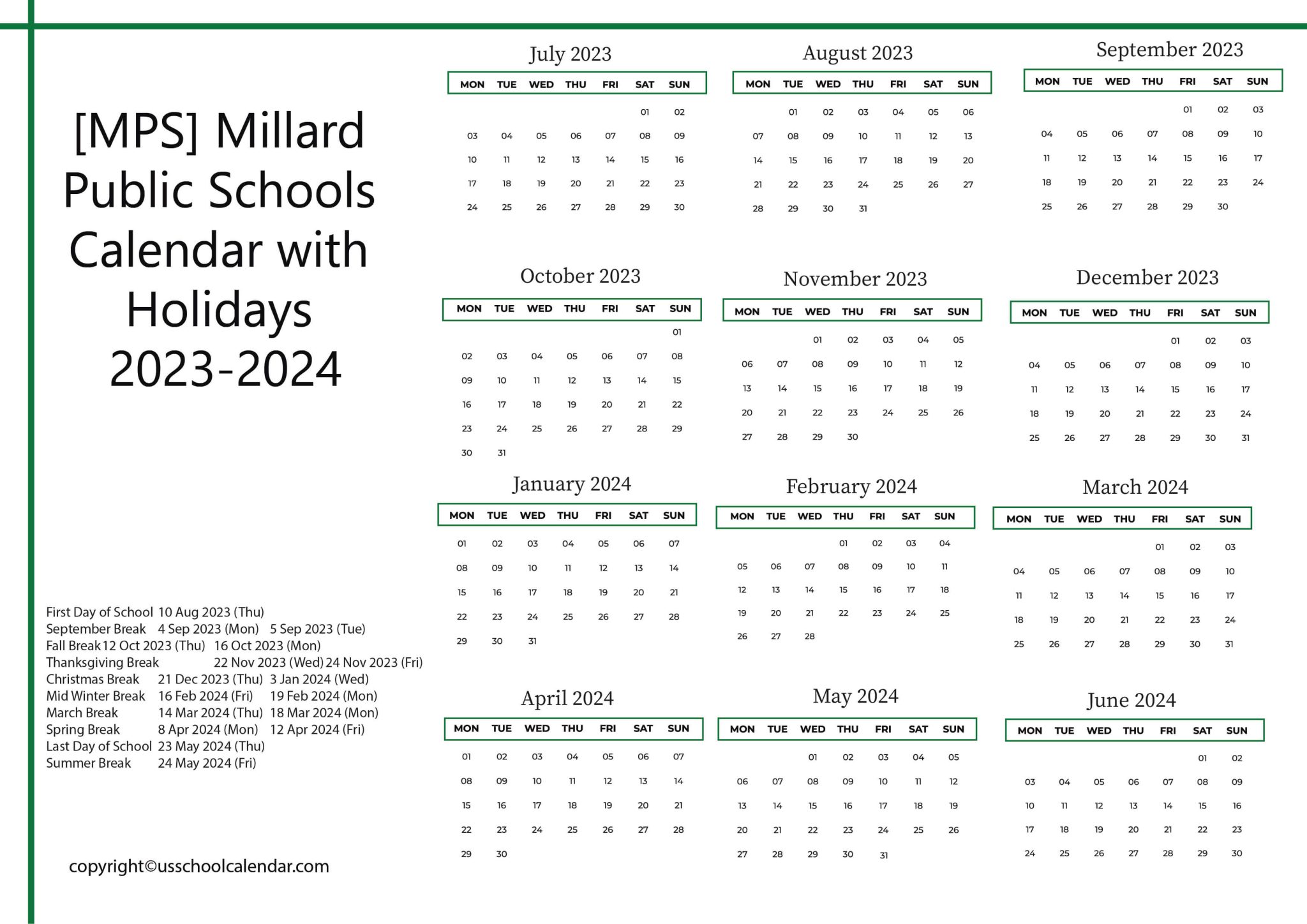 [MPS] Millard Public Schools Calendar with Holidays 20232024