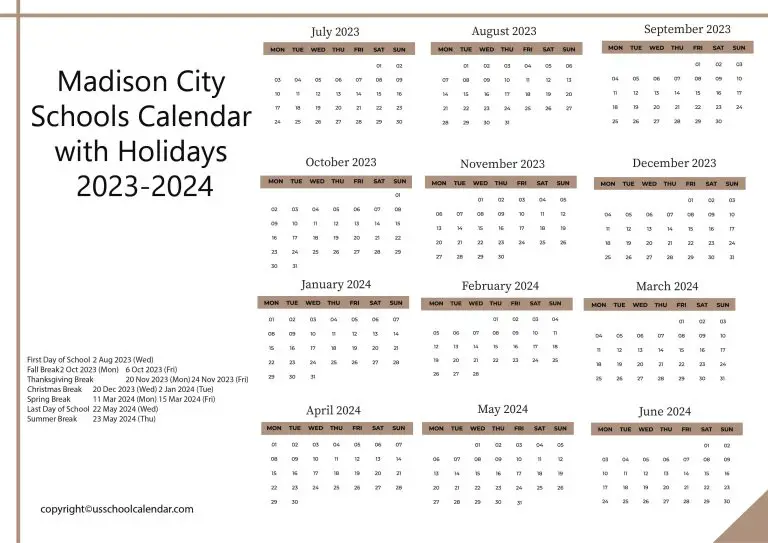 Madison City Schools Calendar with Holidays 20232024