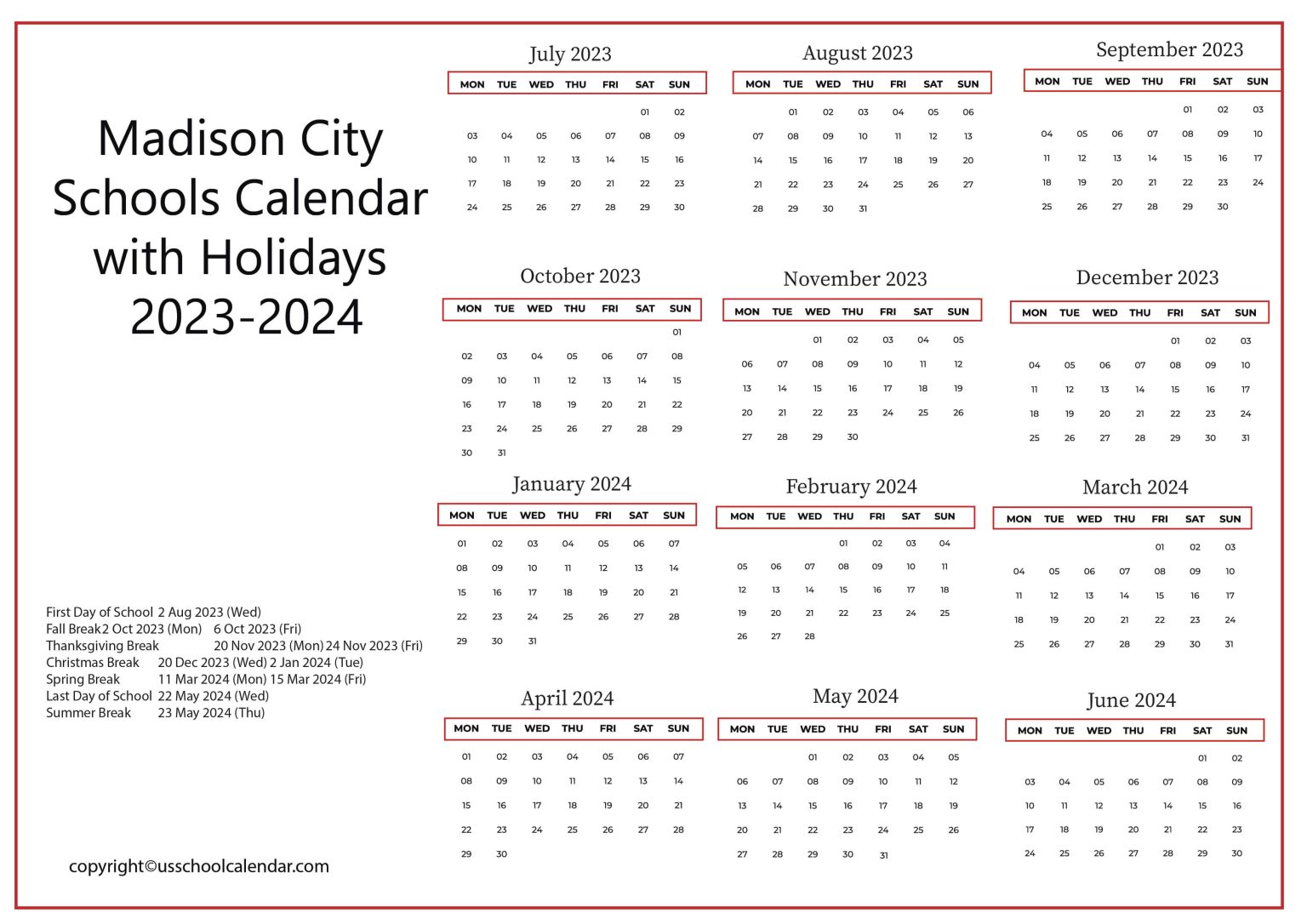 Madison City Schools Calendar with Holidays 20232024