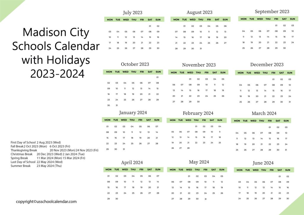 Madison Public School District Calendar