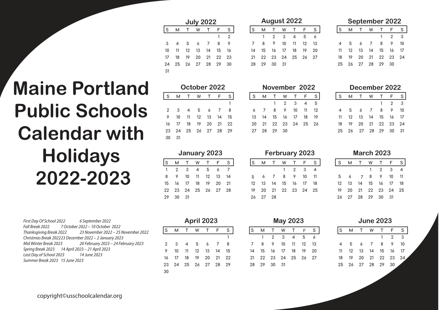 Maine Portland Public Schools Calendar with Holidays 20222023