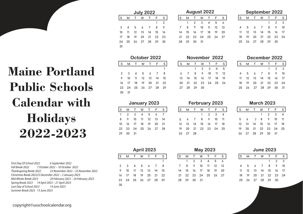 Maine Portland Public Schools Calendar with Holidays 2022-2023 2