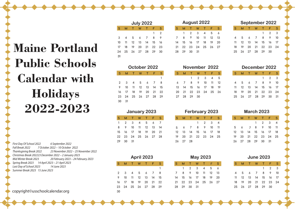 Maine Portland Public Schools Calendar With Holidays 2022 2023