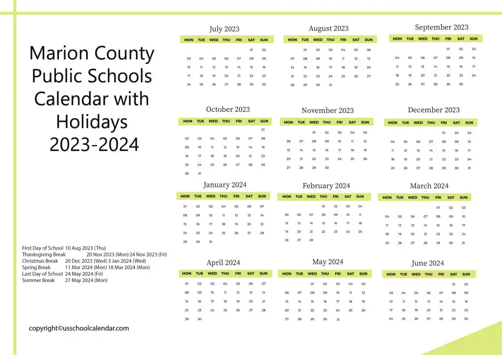 Marion County Public Schools Holiday Calendar