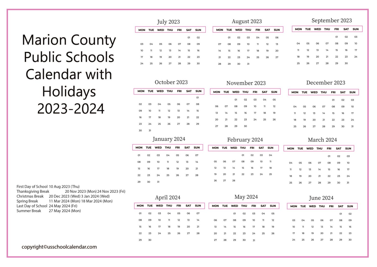 Marion County Public Schools Calendar Holidays 2023 2024
