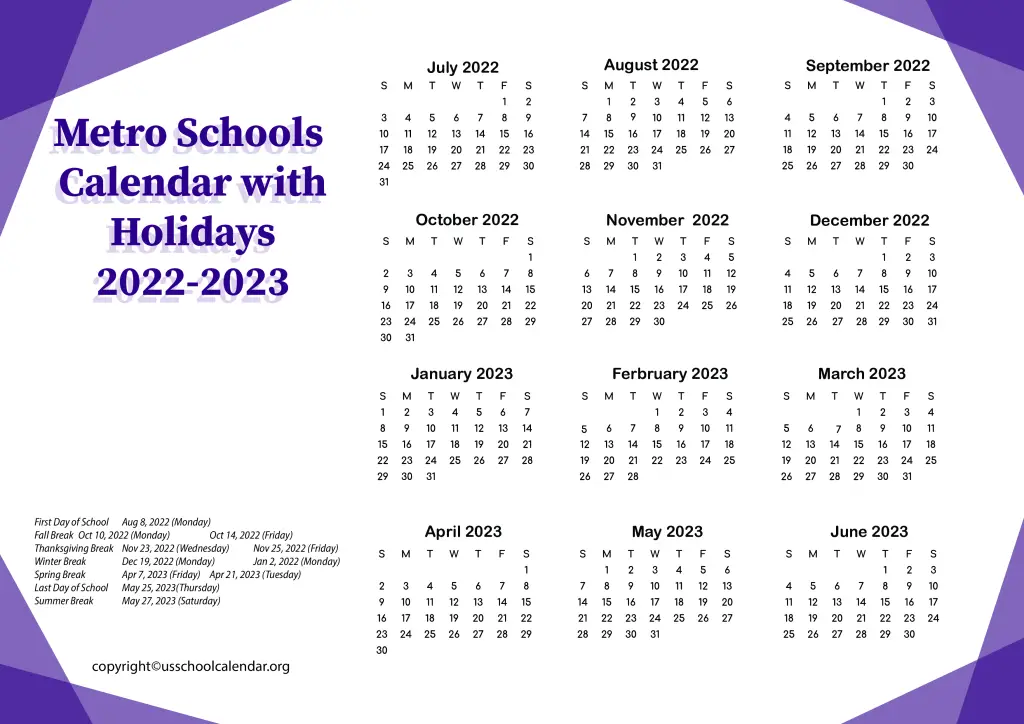 Metro Schools Calendar with Holidays 2022-2023
