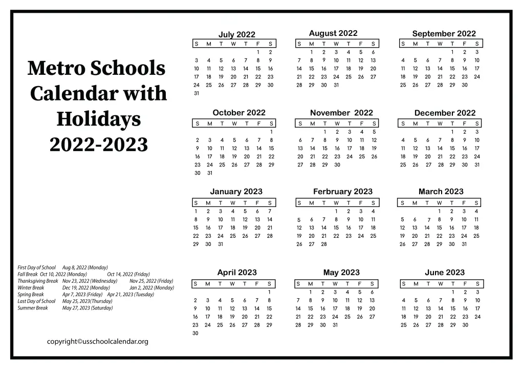 Metro Schools Calendar with Holidays 2022-2023 2