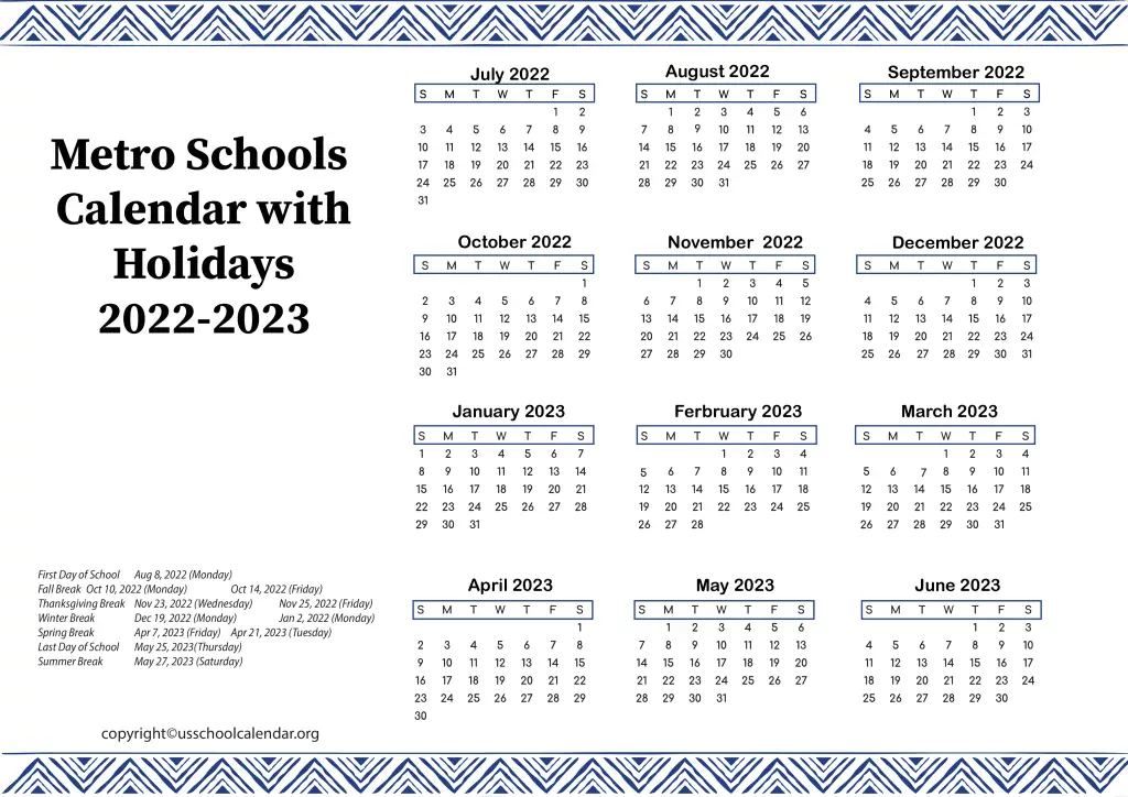 Metro Schools Calendar with Holidays 2022-2023 3