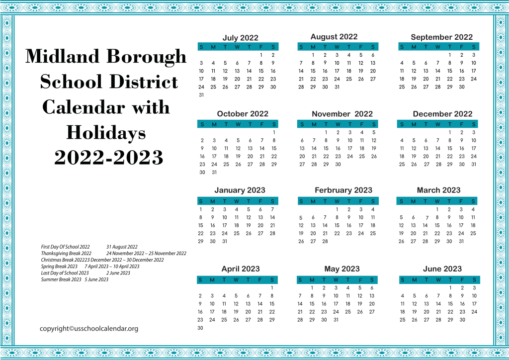 Midland Borough School District Calendar with Holidays 2022-2023