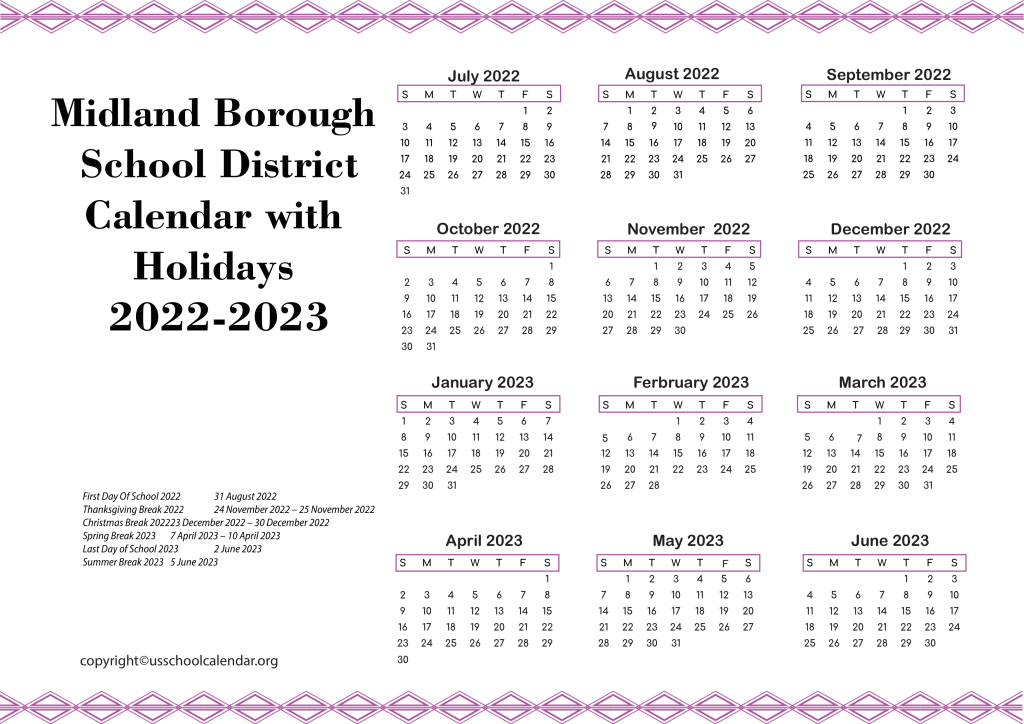 Midland Borough School District Calendar with Holidays 2022-2023 2