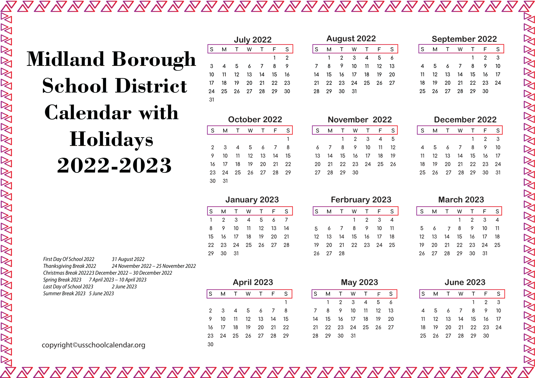 Midland Borough School District Calendar with Holidays 20222023