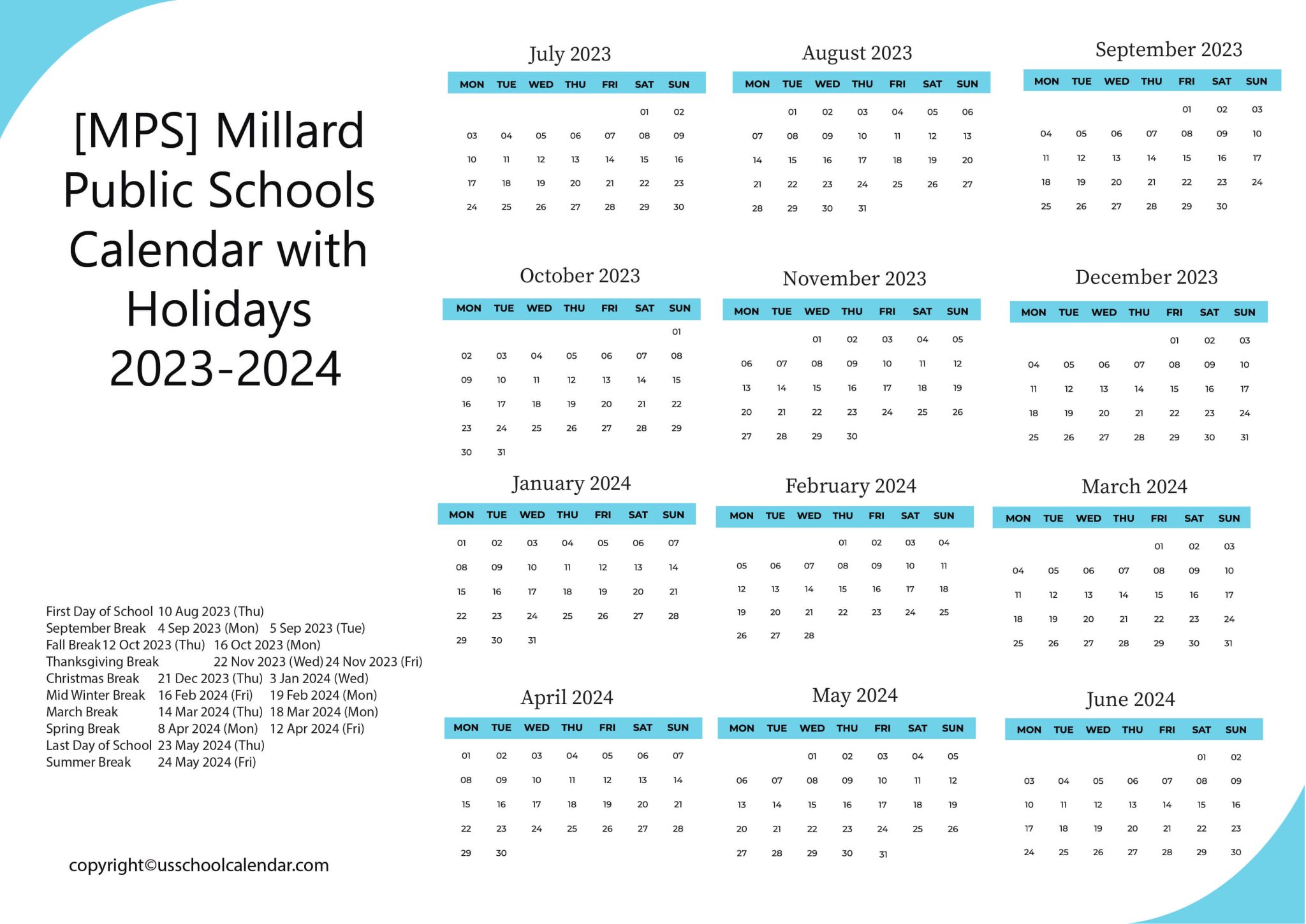 MPS Millard Public Schools Calendar with Holidays 2023 2024
