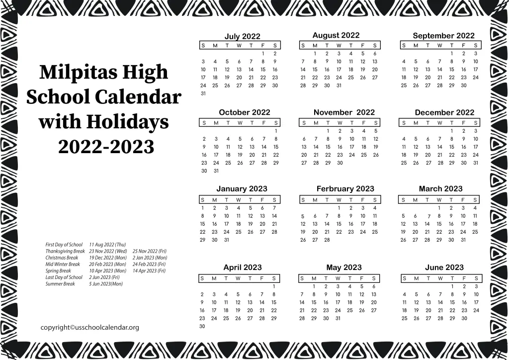 Milpitas High School Calendar with Holidays 2022-2023