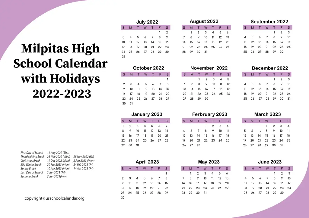 Milpitas High School Calendar with Holidays 2022-2023 2