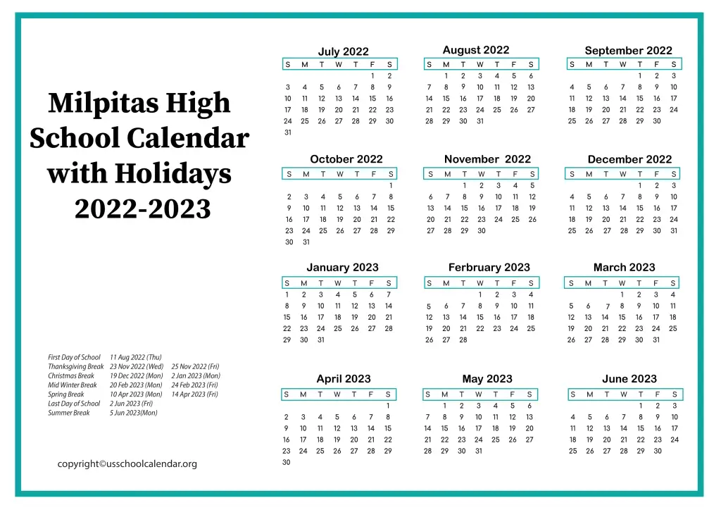 Milpitas High School Calendar with Holidays 2022-2023 3