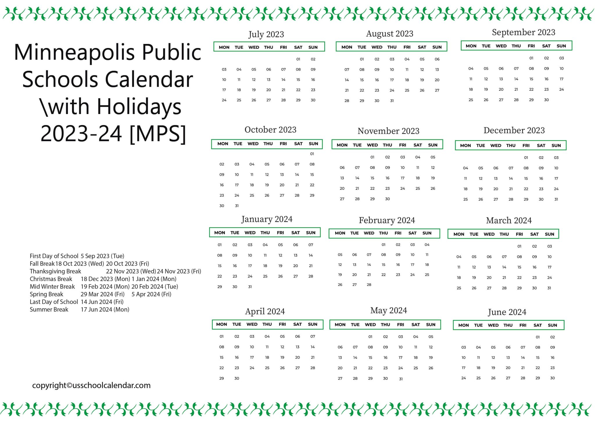 Minneapolis Public Schools Calendar with Holidays 202324 [MPS]