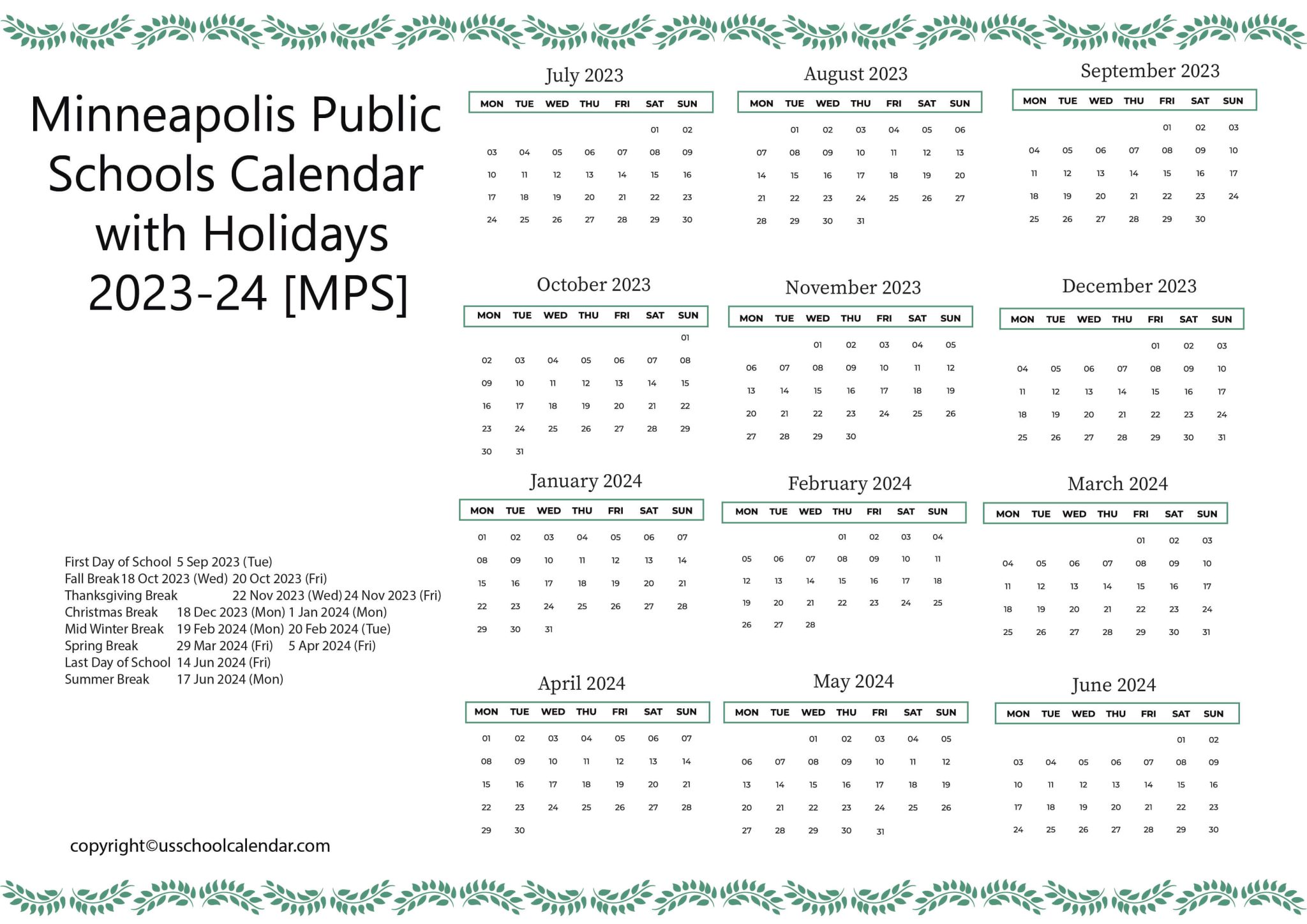 Minneapolis Public Schools Calendar with Holidays 202324 [MPS]