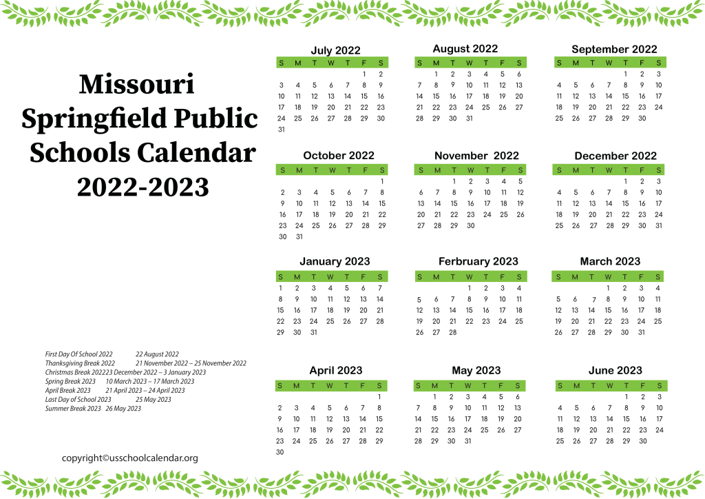 Missouri Springfield Public Schools Calendar 2022-2023